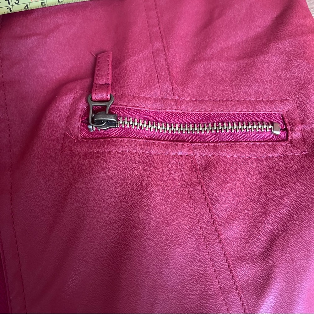 Women's Faux Leather Red Moto Jacket - Picture 9 of 9